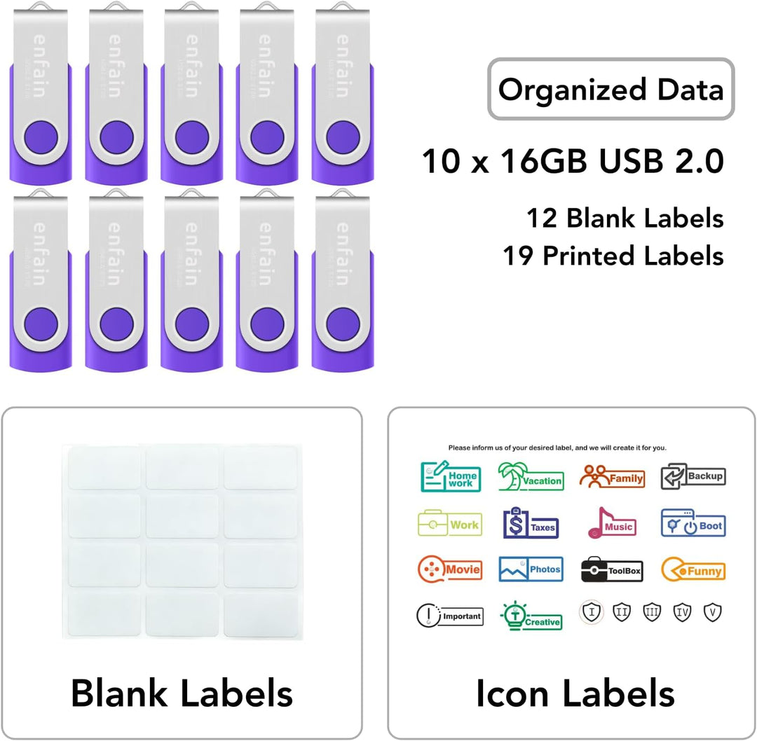 Enfain Paquete de 10 unidades de memoria USB Purple Flash Drive de...