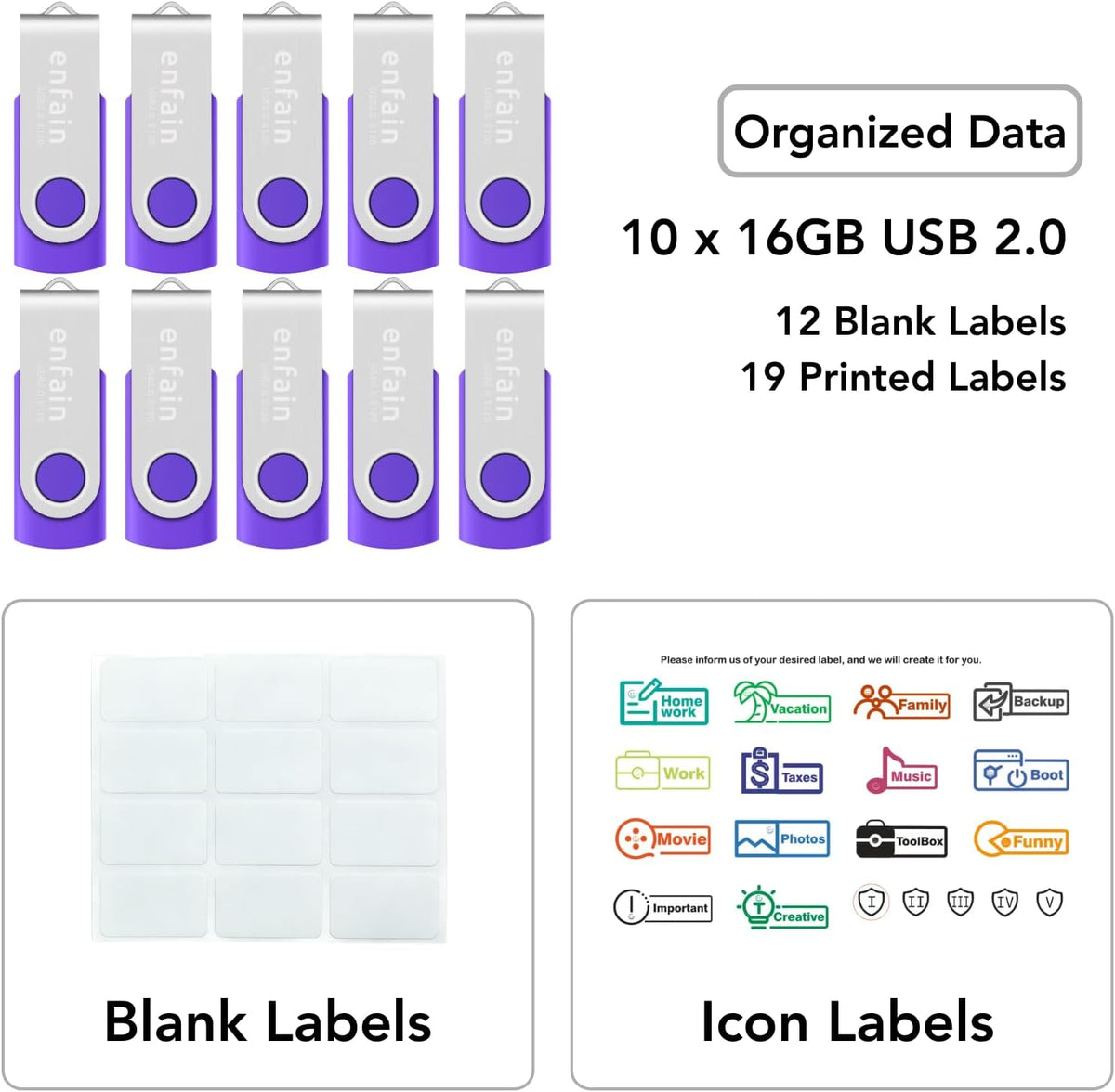 Enfain Paquete de 10 unidades de memoria USB Purple Flash Drive de...