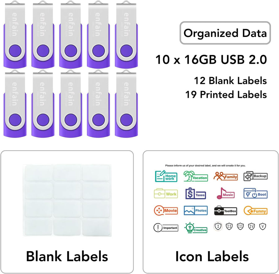 Enfain Paquete de 10 unidades de memoria USB Purple Flash Drive de...