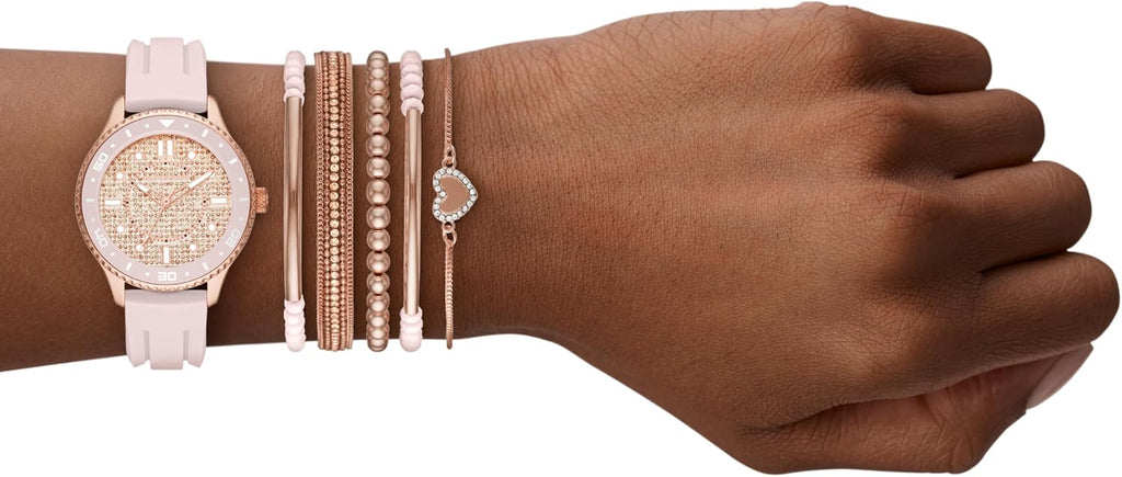 Skechers Set de regalo de reloj y pulsera apilable para mujer, Conjunto de oro rosa rosa, Reloj de cuarzo