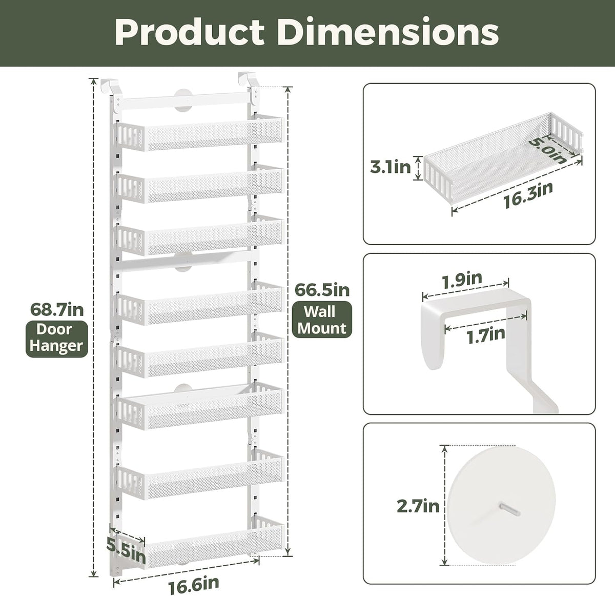 Organizador de despensa de 8 niveles sobre la puerta, soporte de pared 2 en 1 o estante de especias colgante con cesta elevada ajustable, almacenamiento resistente en la parte trasera de la