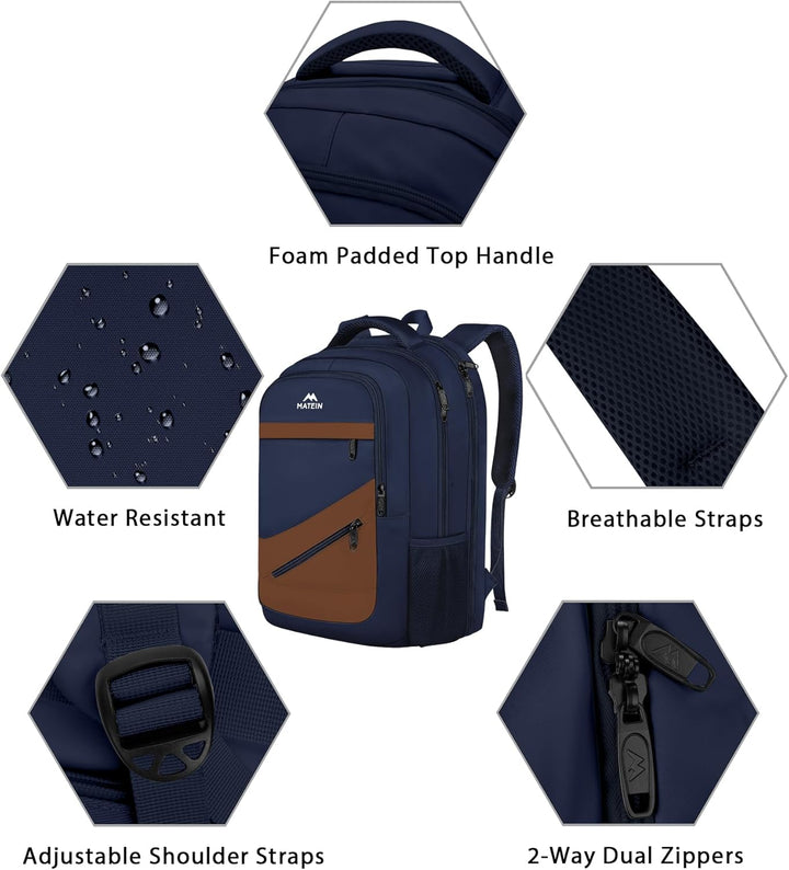 MATEIN Mochila para laptop, azul oscuro, marrón., 17 pulg., Mochila...