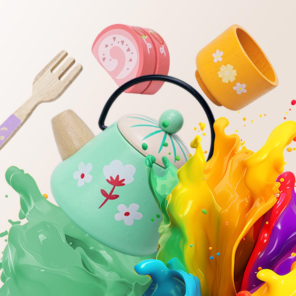 JAUNTY Tea Party Set Toy para Girl 3 4 5 Years Old, Wooden Pretend Play Kitchen Toy Food para 3 Year Old Little Girls , Great Educational 1st Birthday para 3-5 Toddler Girls Boys