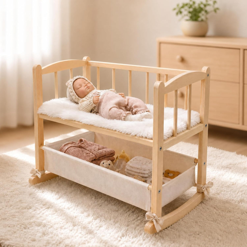 Cuna de madera 2 en 1 para muñeca con cesta de almacenamiento, se