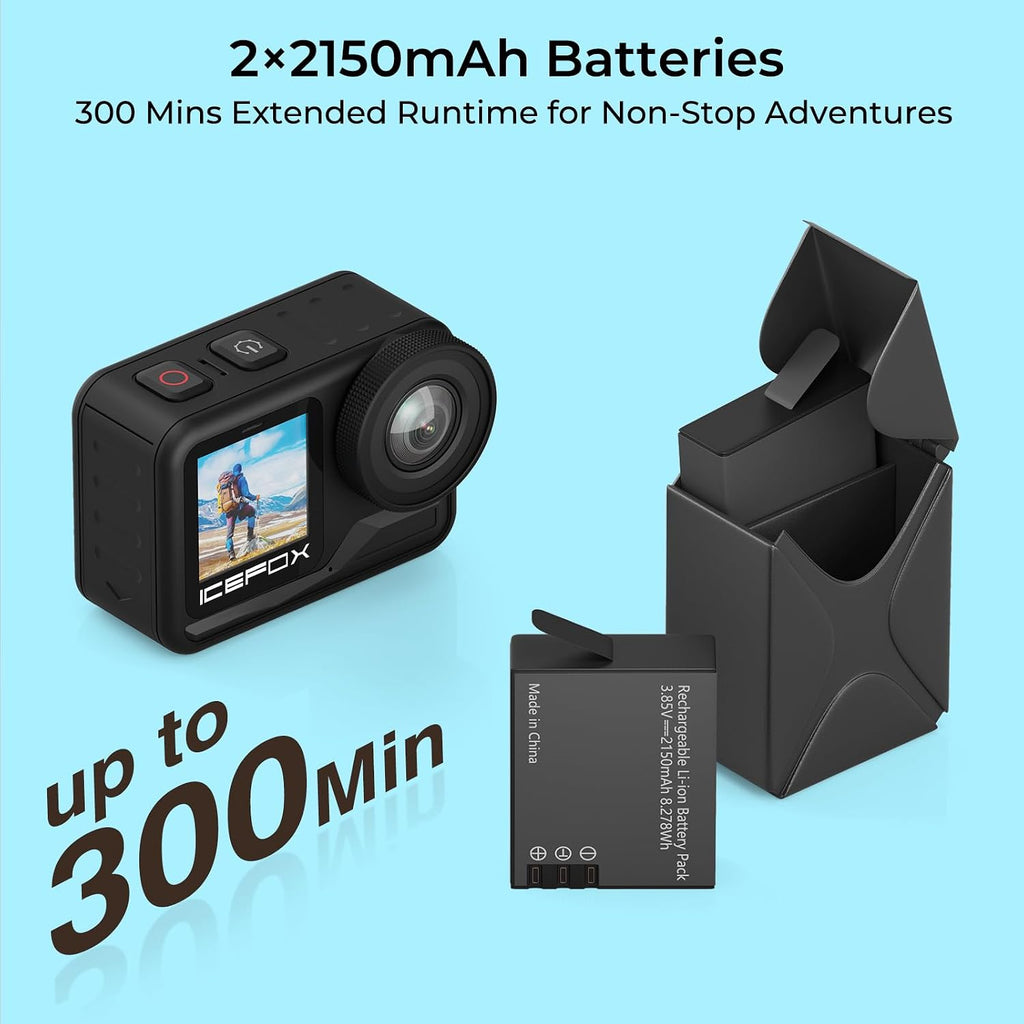 icefox Cámara de acción 4K 60FPS 20MP con 2 baterías de 2150 mAh, cámara subacuática con zoom 5X, EIS, alimentada por la aplicación Snappro, compatible con edición de video y fotos, impermeable