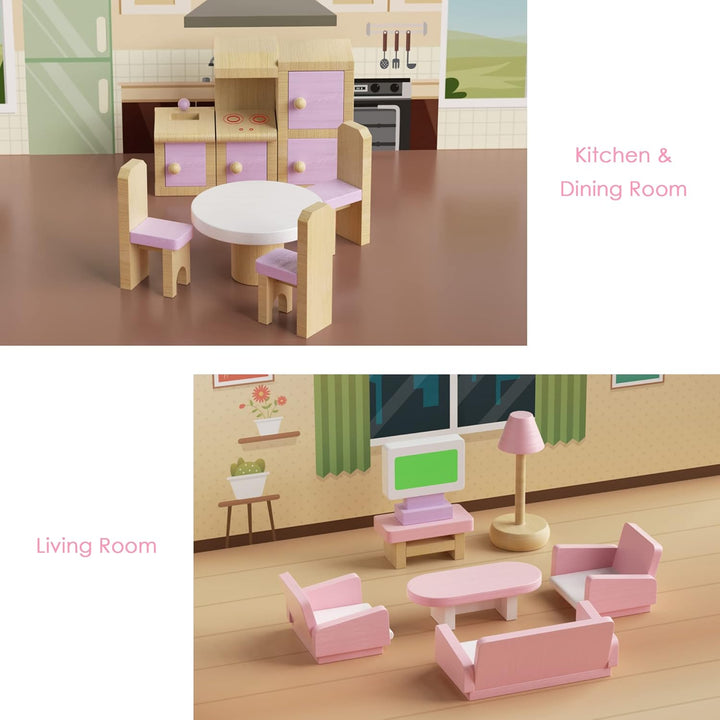 WOODMAM Juego de muebles de madera para casa de muñecas, 22 piezas,...