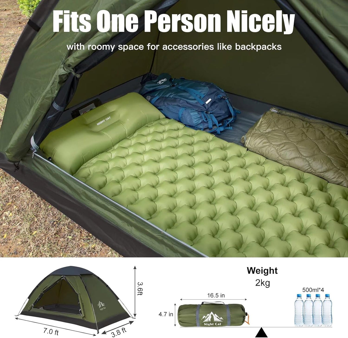 Night Cat Tienda de Campaña para Mochileros para Una o Dos Personas, Liviana, Impermeable, para Acampar, Senderismo, para Adultos, Niños, Scouts, Fácil de Instalar, de Capa Única, 2.2x1.2m