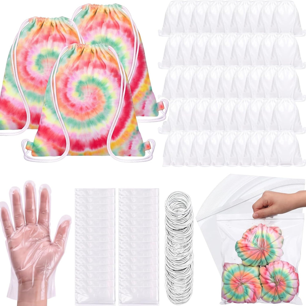 120 bolsas blancas con cordón de algodón teñido anudado con 120 pares de guantes, 120 bolsas sellables y 300 bandas de goma, kit de mochilas de lona en blanco con cordón para regalos de
