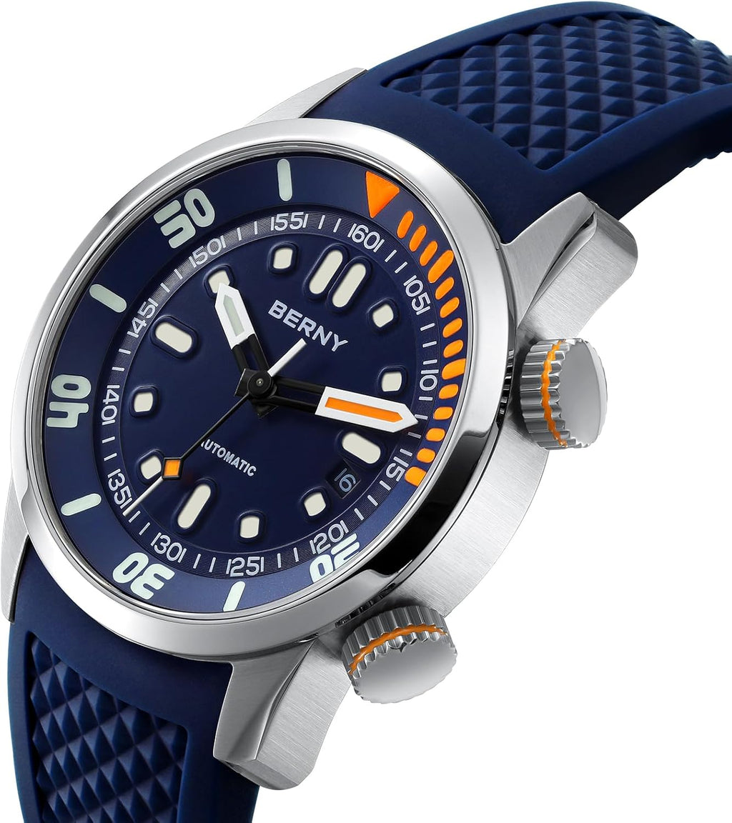 BERNY Reloj de buceo para hombre, relojes mecánicos automáticos de moda para hombres, reloj de pulsera masculino impermeable 20ATM, cristal de zafiro súper luminoso con banda de reloj de silicona