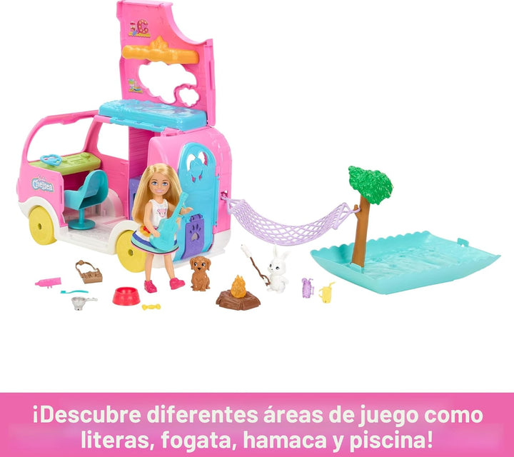 Barbie Camper, Chelsea - Juego 2 en 1 con muñeca pequeña, 2 mascota...