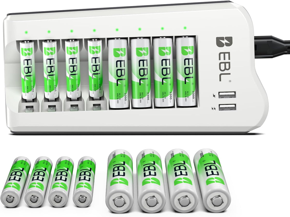 EBL Cargador de baterías AA/AAA, 8 AA 2300mAh y 8 AAA 1100mAh NiMH, 2