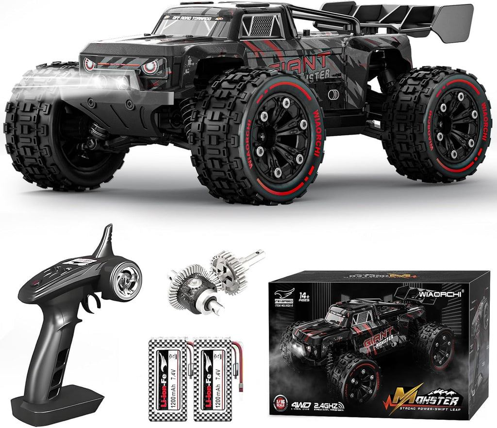 Autos RC rápidos a escala 1:16 para adultos, 40 KPH, camión monstruo eléctrico todoterreno con chasis de metal, auto de alta velocidad de 2.4 GHz, camión a control remoto impermeable con 2 baterías