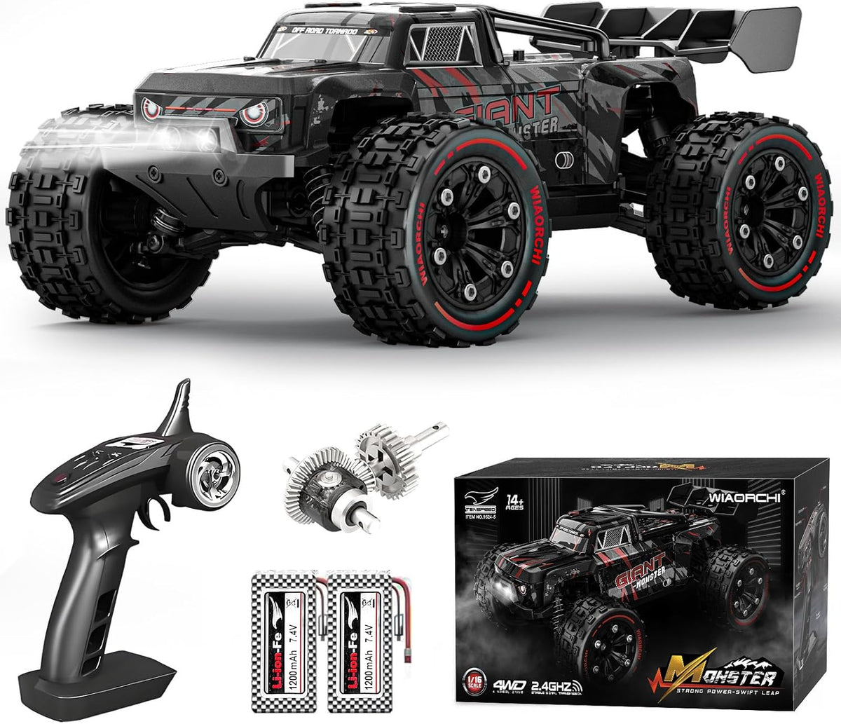 Autos RC rápidos a escala 1:16 para adultos, 40 KPH, camión monstruo eléctrico todoterreno con chasis de metal, auto de alta velocidad de 2.4 GHz, camión a control remoto impermeable con 2 baterías