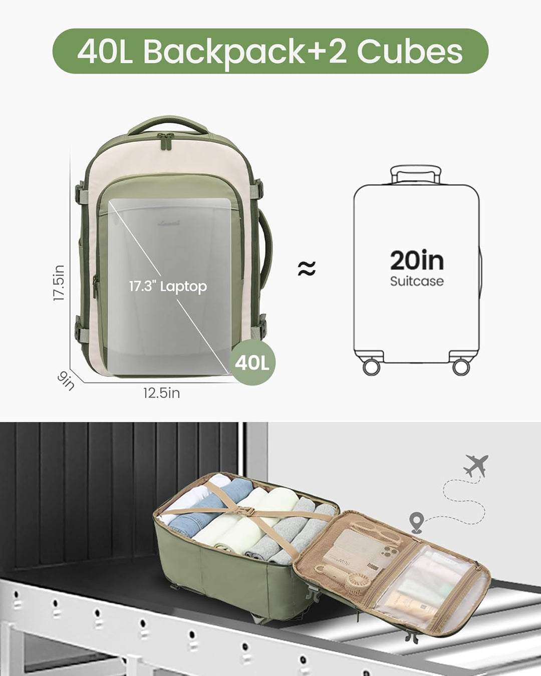 LOVEVOOK Mochila de viaje de 40 L para mujeres y hombres, mochila d...