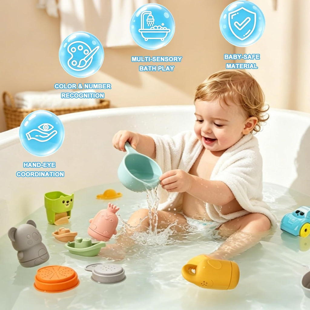Juguetes de baño para bebés, juguetes de piscina, adecuados para niños y niños pequeños, juego 6 en 1 que incluye bote flotante, cuchara de baño y taza giratoria, juguetes de piscina y mesa de agua