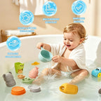 Juguetes de baño para bebés, juguetes de piscina, adecuados para niños y niños pequeños, juego 6 en 1 que incluye bote flotante, cuchara de baño y taza giratoria, juguetes de piscina y mesa de agua