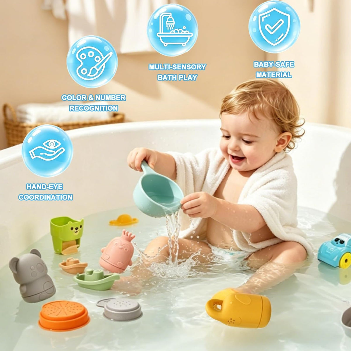 Juguetes de baño para bebés, juguetes de piscina, adecuados para niños y niños pequeños, juego 6 en 1 que incluye bote flotante, cuchara de baño y taza giratoria, juguetes de piscina y mesa de agua