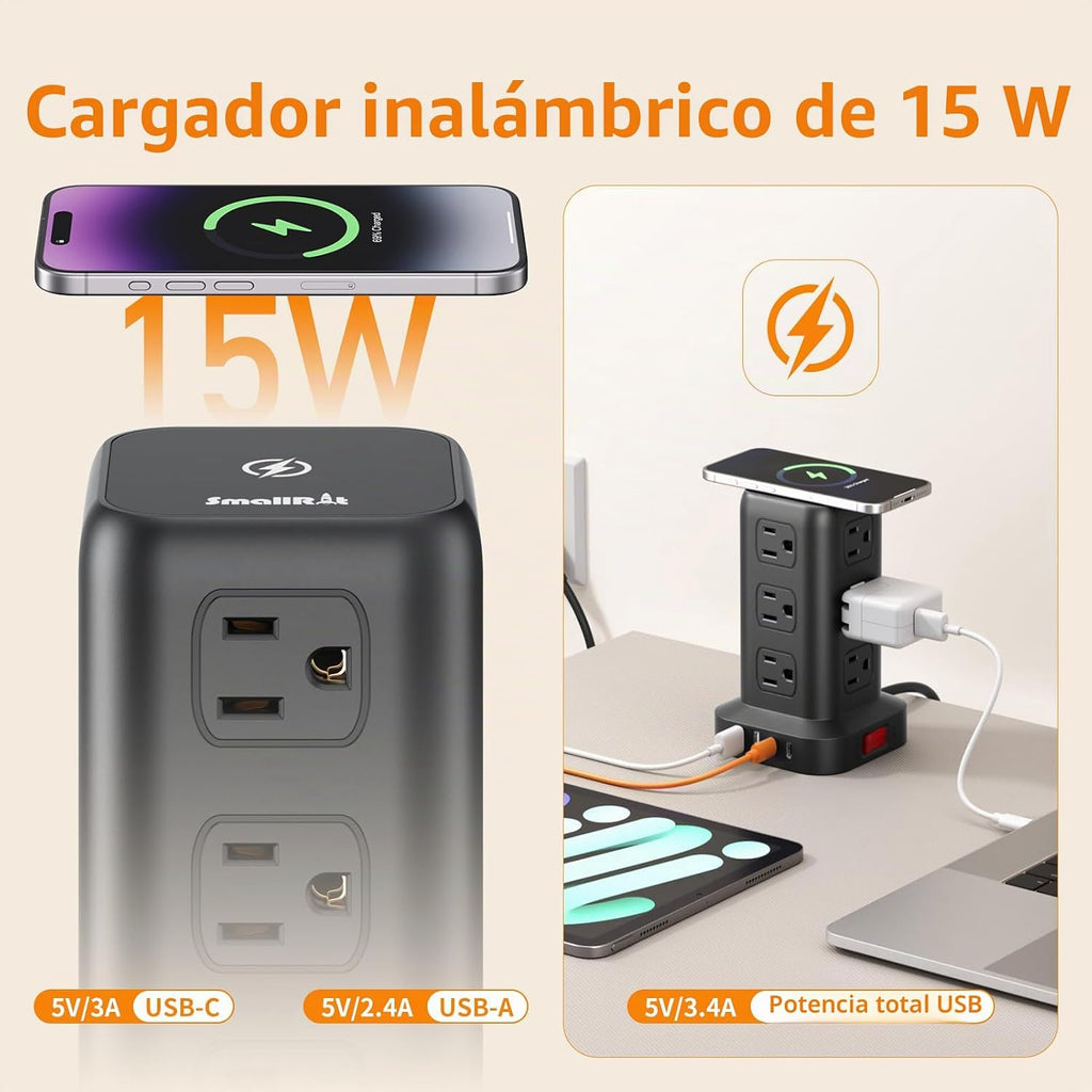 SMALLRT - Cable de extensión con múltiples tomas, torre de regleta de alimentación con protector de sobretensiones, extensor de salida con 12 salidas de CA, 4 USB, cable de extensión de 6.5 pies para