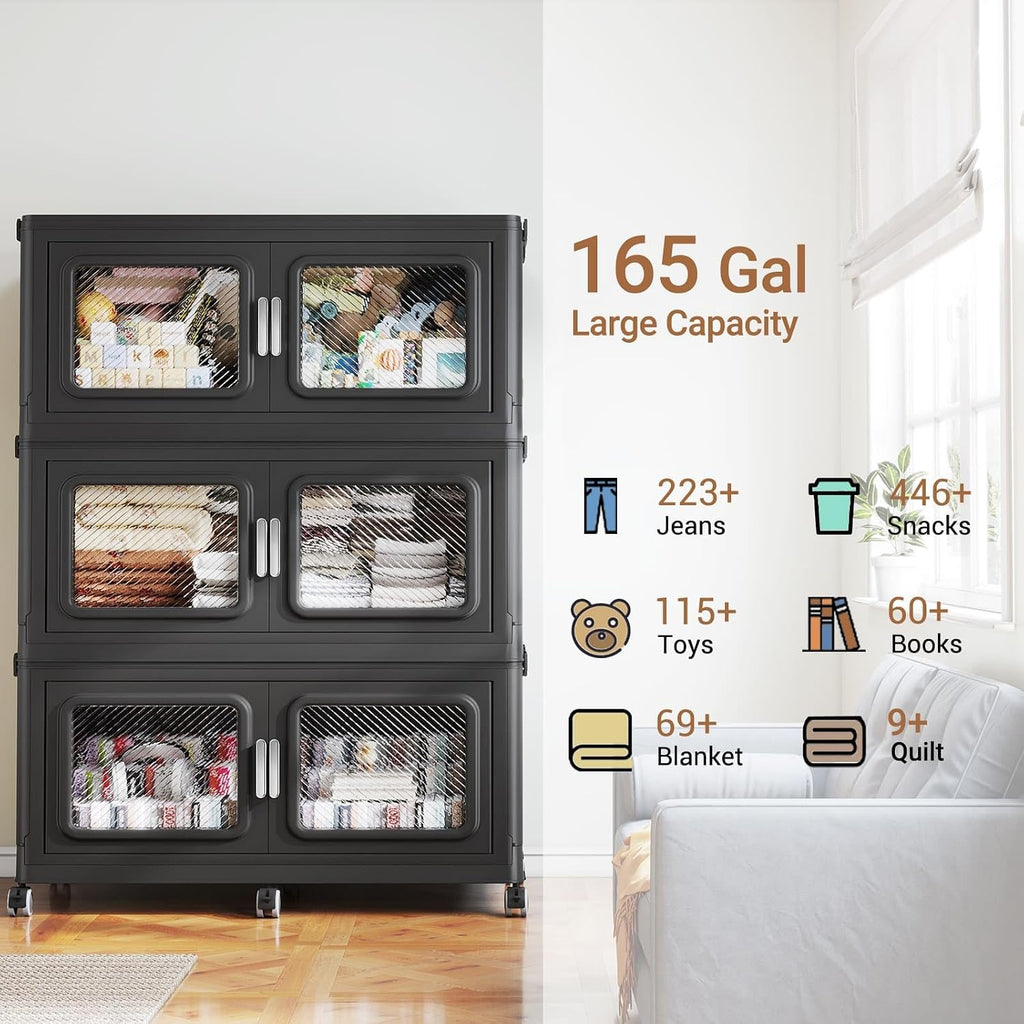 BROVIEW Contenedores de almacenamiento de 330 galones, caja de almacenamiento apilable extra grande de 1320 cuartos de galón con tapas y ruedas, armarios de plástico plegables resistentes, puerta