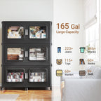 BROVIEW Contenedores de almacenamiento de 330 galones, caja de almacenamiento apilable extra grande de 1320 cuartos de galón con tapas y ruedas, armarios de plástico plegables resistentes, puerta