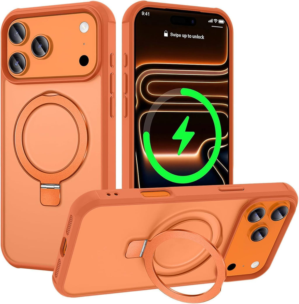 Funda magnética compatible con iPhone 17 Pro con soporte, prueba de caídas de grado militar, compatible con imán, anillo translúcido, parte trasera dura, borde suave, color naranja cósmico