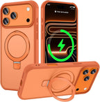 Funda magnética compatible con iPhone 17 Pro con soporte, prueba de caídas de grado militar, compatible con imán, anillo translúcido, parte trasera dura, borde suave, color naranja cósmico