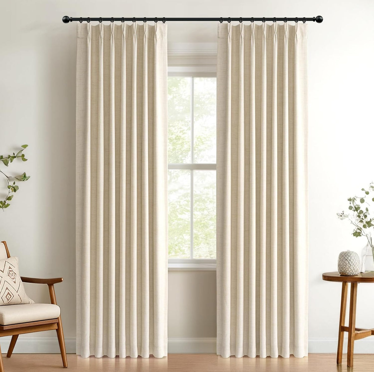 Cortinas plisadas de lino totalmente opacas color crema de 96 pulgadas de