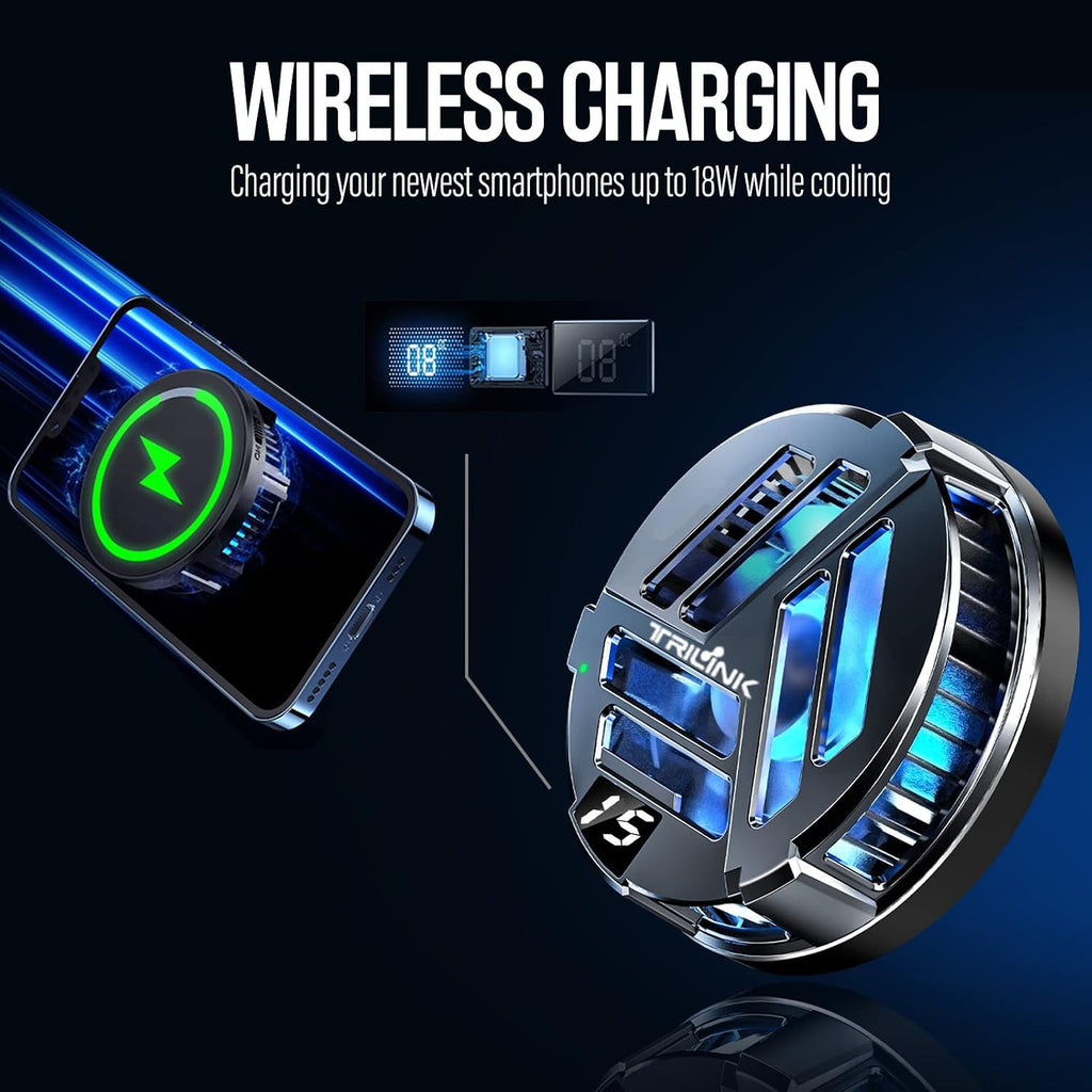 TRILINK Enfriador magnético para teléfono con carga inalámbrica, ventilador de refrigeración de teléfono para iPhone/Android/iPad/Tablet - Radiador de teléfono para juegos, compatible con iPhone 12/13 MagSafe -LED RGB - Abrazadera universal