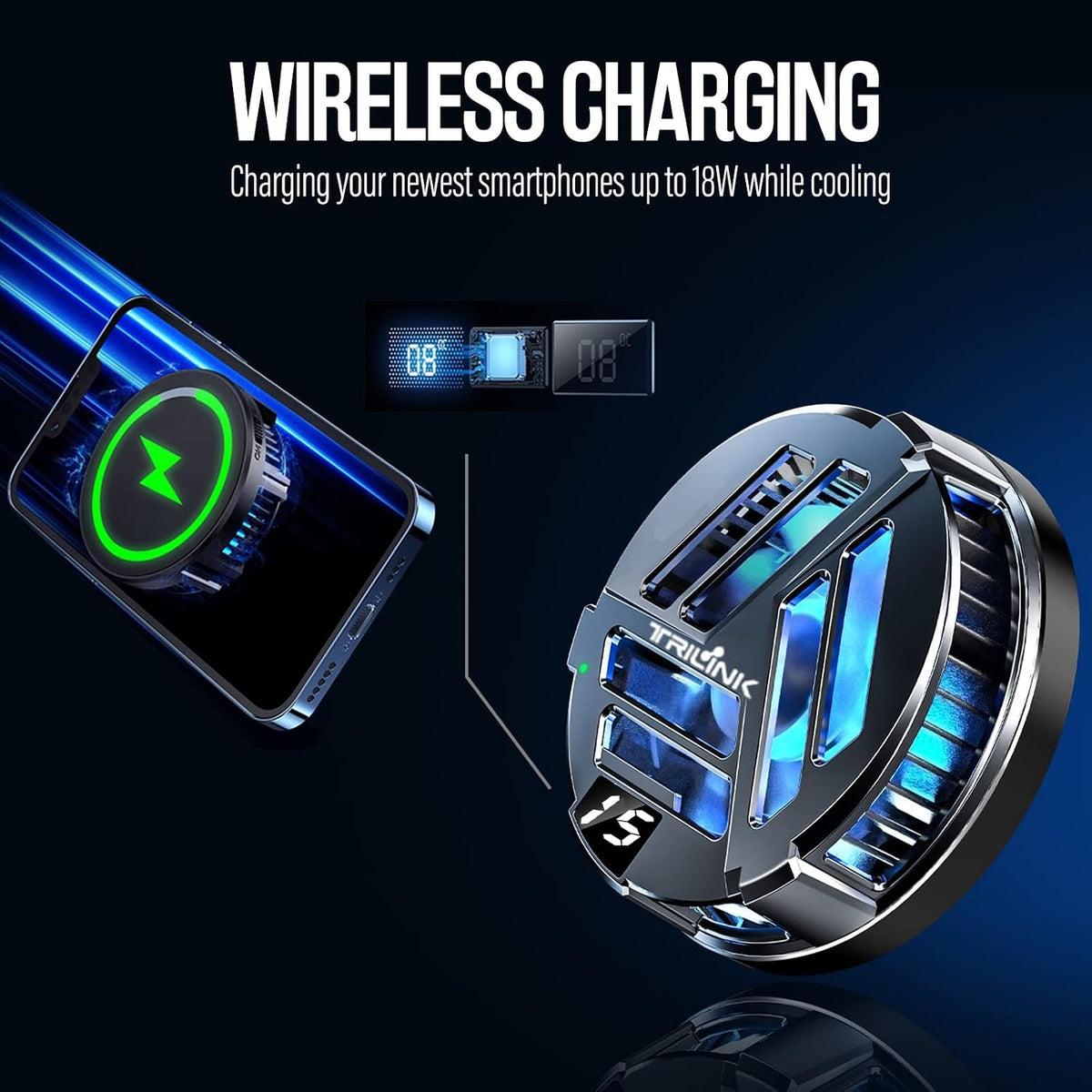 TRILINK Enfriador magnético para teléfono con carga inalámbrica, ventilador de refrigeración de teléfono para iPhone/Android/iPad/Tablet - Radiador de teléfono para juegos, compatible con iPhone 12/13 MagSafe -LED RGB - Abrazadera universal