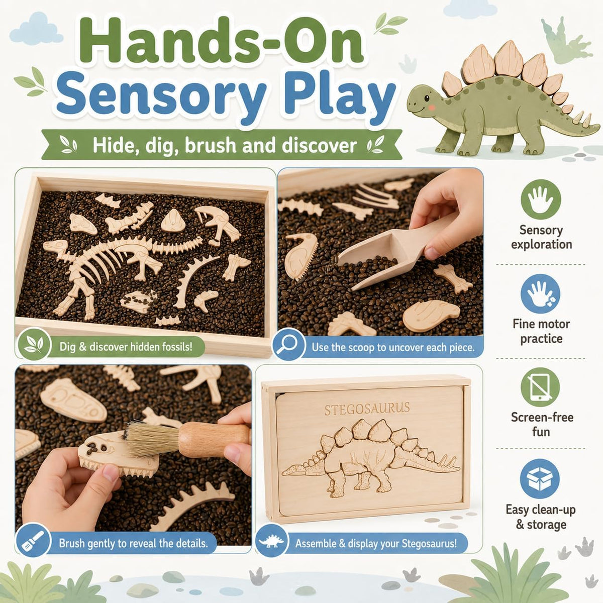 Kit de excavación arqueológica de excavación de dinosaurios, kit de excavación de fósiles para niños, esqueletos de dinosaurios, huesos y rompecabezas con caja de almacenamiento de madera, juguetes STEM para niños y niñas (Stegosaurus)