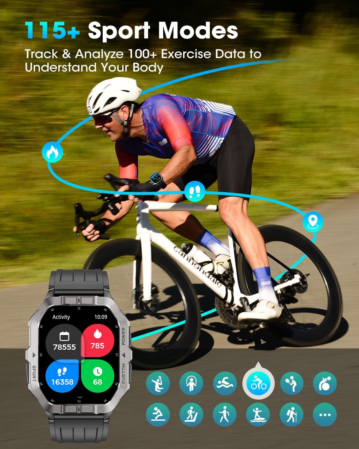 Relojes Inteligentes Militares para Hombres, Relojes de 2.02'' para Hombres con GPS Integrado