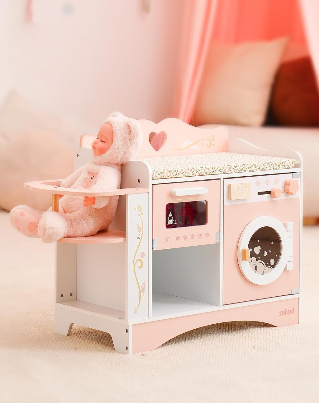 ROBUD Cuna de muñeca de bebé, camas de muñeca rosa, estación de cambio de muñeca de madera con asiento, esterilizador de botellas, lavadora y almacenamiento, accesorios para muñecas de cuna de juguete