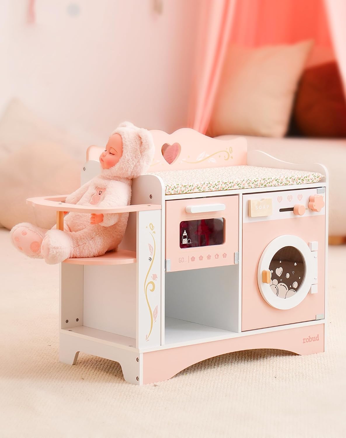 ROBUD Cuna de muñeca de bebé, camas de muñeca rosa, estación de cambio de muñeca de madera con asiento, esterilizador de botellas, lavadora y almacenamiento, accesorios para muñecas de cuna de juguete