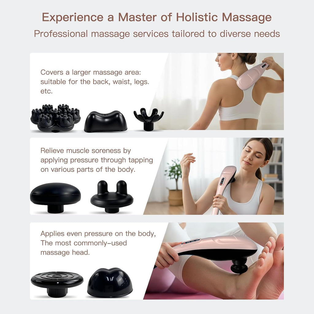 MEGAWISE Masajeador de espalda inalámbrico de mano con batería recargable de 3200 mAh, 5 velocidades y 5 + 2 nodos de masaje con nodos de silicona duros, medios y 2 suaves; masajea mientras te mueves