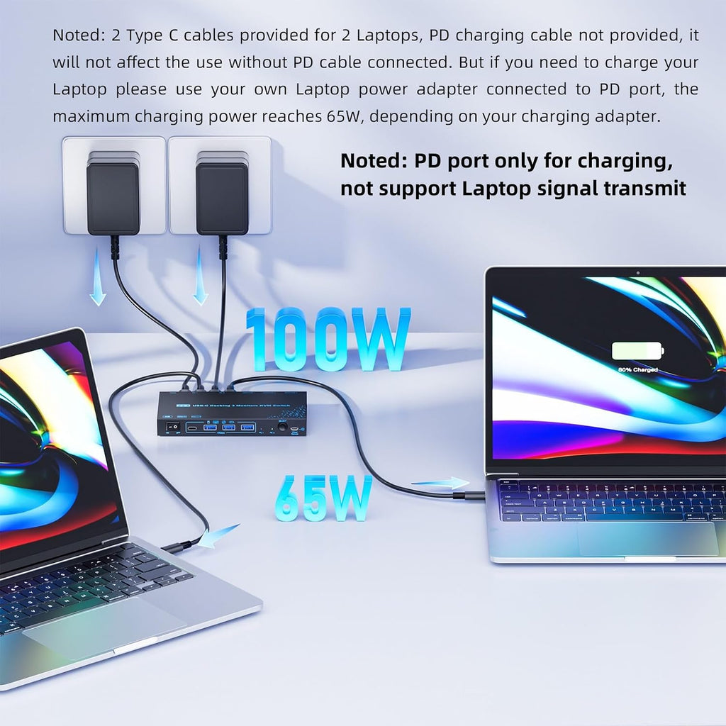 KVM Switch 2 Laptops 3 Monitores, 4K @60Hz Dual USB-C Docking KVM Switcher USB C Triple Monitor Switcher con carga PD para 2 computadoras, 3 pantallas-2 HDMI + 1 DP, no requiere controlador
