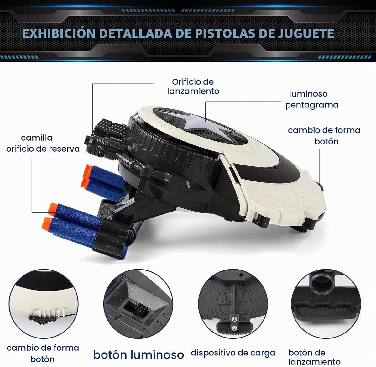 KooRare - Juguetes de escudo que disparan dardos para pistolas - Juguetes para niños superhéroes de 6, 7, 8, 9+ años, juguete de rol con luces, con 30 dardos