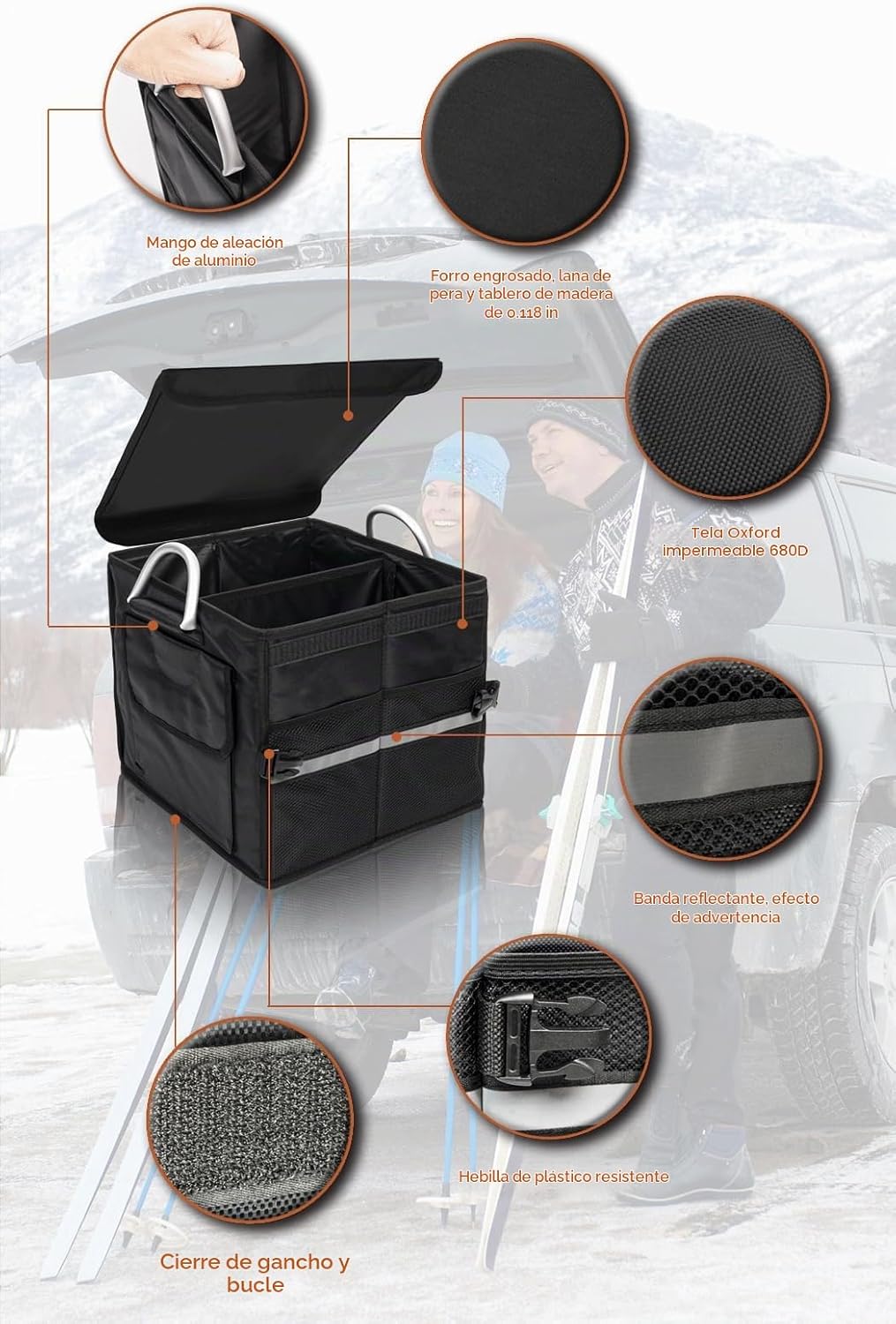 Organizador de maletero pequeño con tapa, para SUV coche camión, negro 28L, tela Oxford impermeable plegable, 2 compartimentos con mango de aleación de aluminio