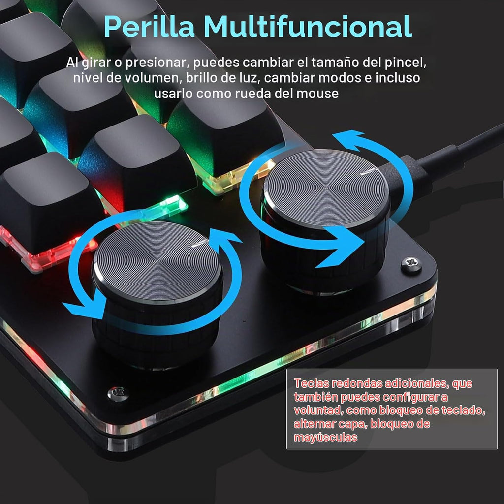 Koolertron Teclado programable macro, teclado mecánico programable con una mano, interruptor azul RGB intercambiable en caliente, 12 teclas 2 botones retroiluminado teclado para trabajar y jugar, negro