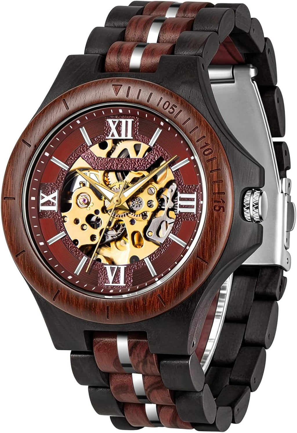 Reloj mecánico de madera para hombre Tiong, reloj automático esqueleto con caja de regalo