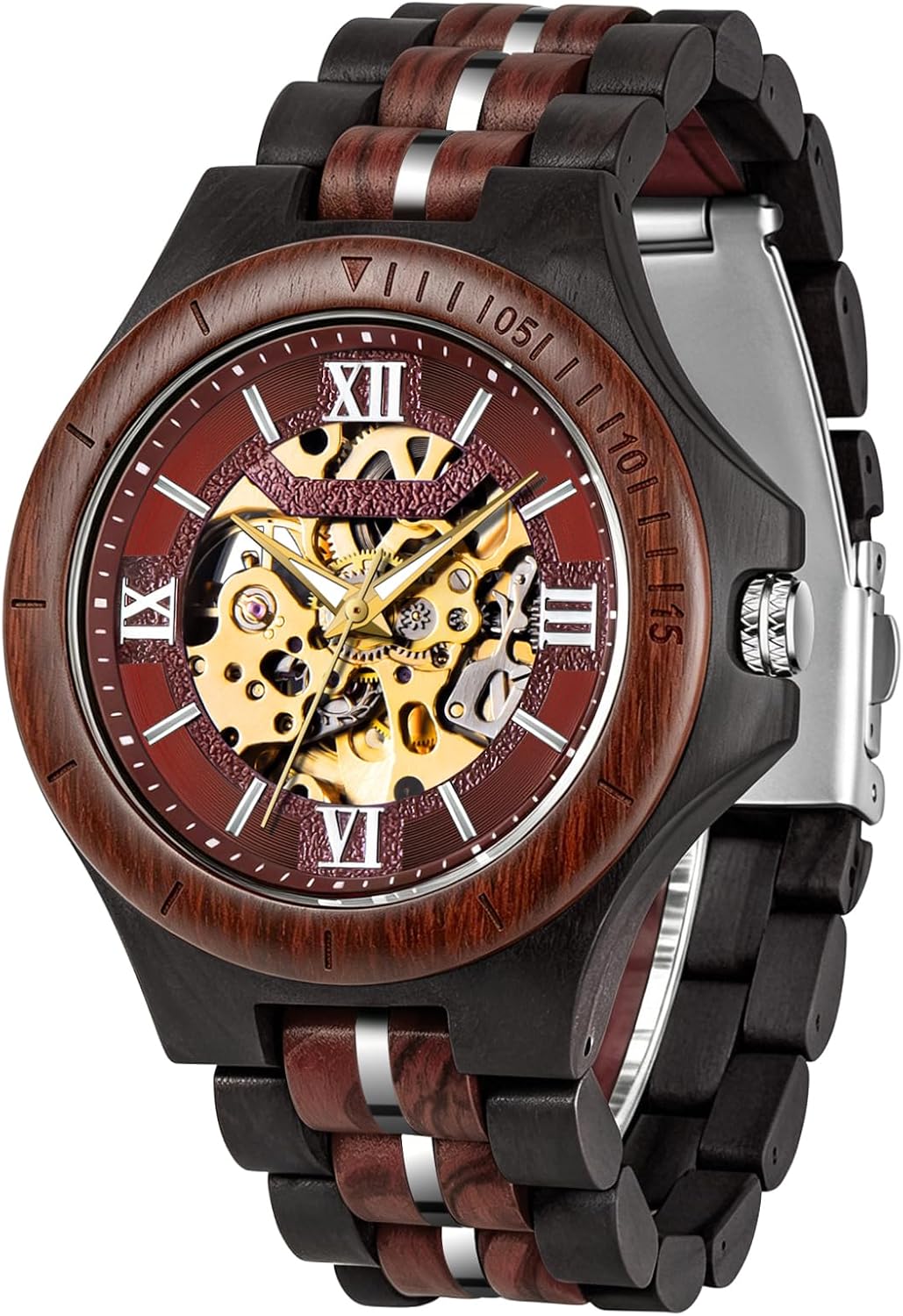 Reloj mecánico de madera para hombre Tiong, reloj automático esqueleto con caja de regalo