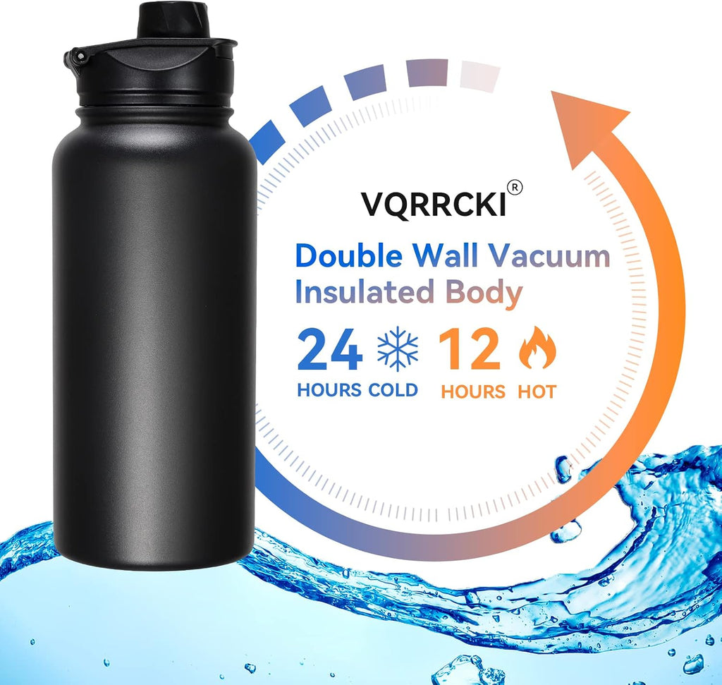 Botella de Agua Aislada de 32 oz Paquete a Granel de 8, Botellas de Agua Deportivas de Acero Inoxidable con Tapa de Pajita y Tapas de Boca Ancha, Vacío de Doble Pared, A Prueba de Fugas, Negro