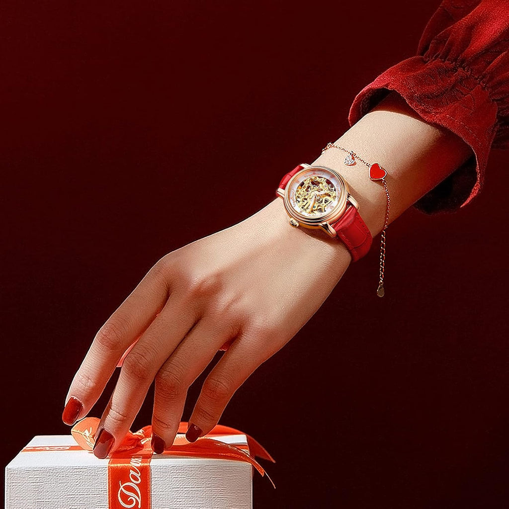 ROCOSJEWE Reloj de pulsera automático mecánico de lujo para mujer, esfera esqueletizada en oro rosado, manecillas luminiscentes, correa de cuero roja, reloj de vestir de moda para mujer, reloj esqueletizado autofaciente resistente al agua, regalo para