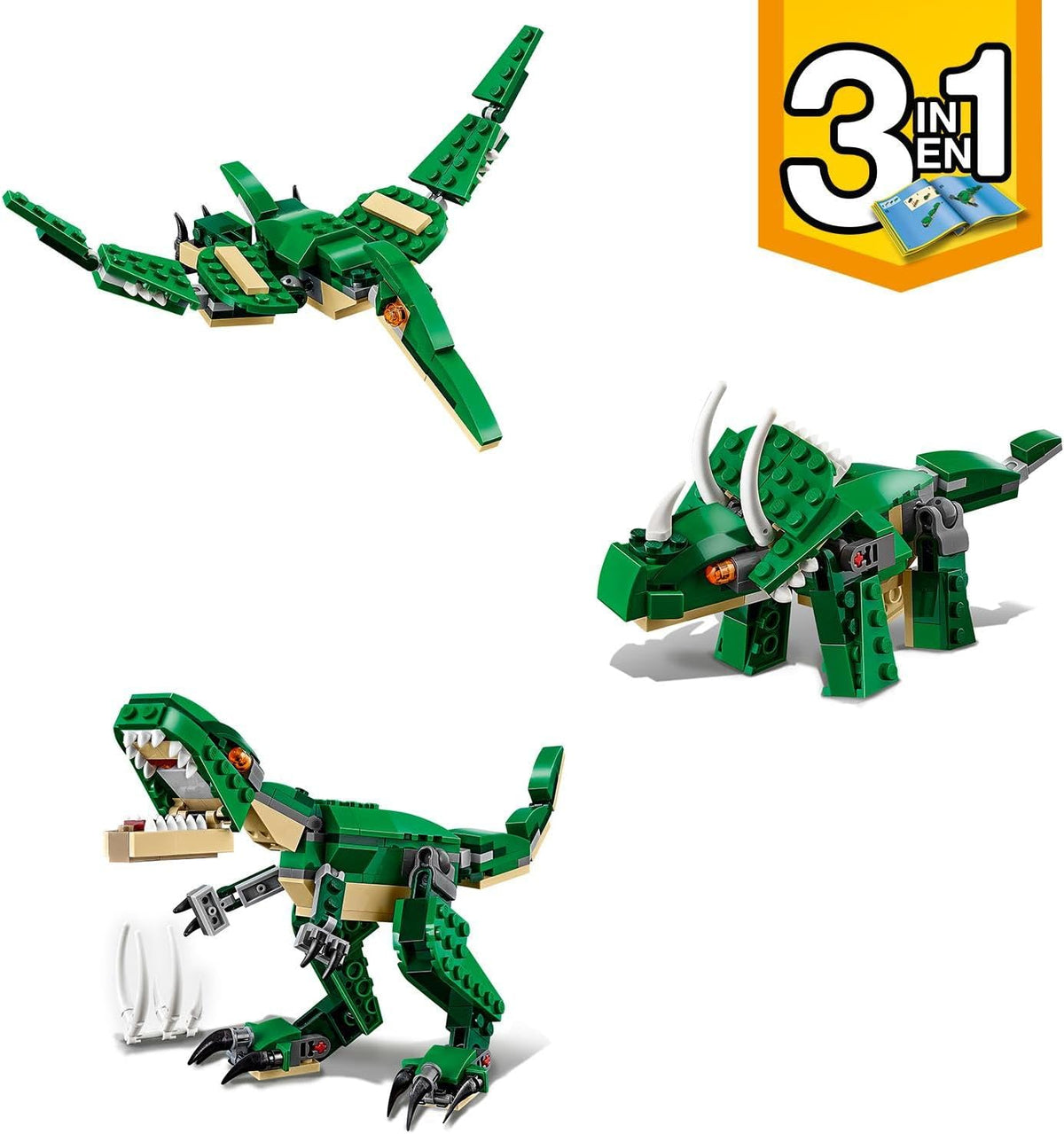 LEGO 31058 Creator Mighty Dinosaurs Juguete 3 en 1, modelo T. rex, figuras de dinosaurios triceratops y pterodáctilo, regalos para niños y niñas de 7 a 12 años