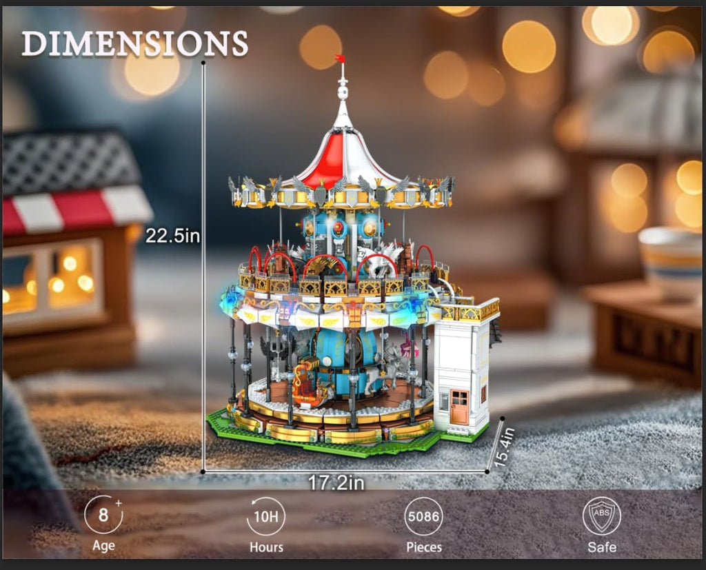 Sosuy Juego de Construcción de Carrusel, Modelo de Tiovivo Motorizado Eléctrico, Juguete de Parque de Atracciones para Niños, Niñas y Adolescentes, Regalos de Cumpleaños para Adultos y Niños de 6, 7