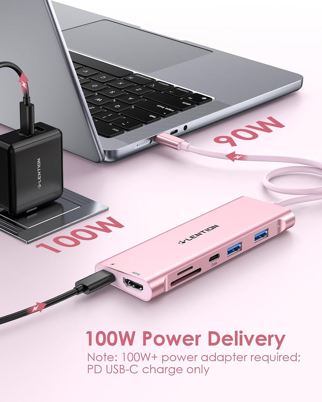 LENTION Hub USB C 7 en 1, cable de 1 pie, 4K @60Hz, 100W PD, A y C