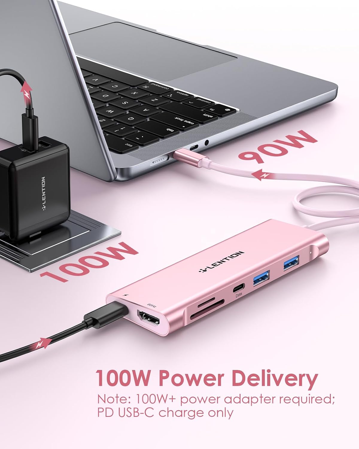 LENTION Hub USB C 7 en 1, cable de 1 pie, 4K @60Hz, 100W PD, A y C