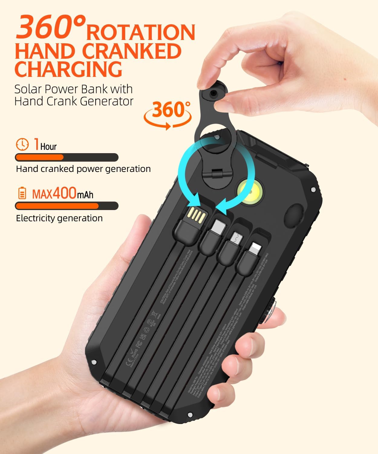 QiSa Cargador solar de 40000 mAh, 4 cables integrados y manivela, c...