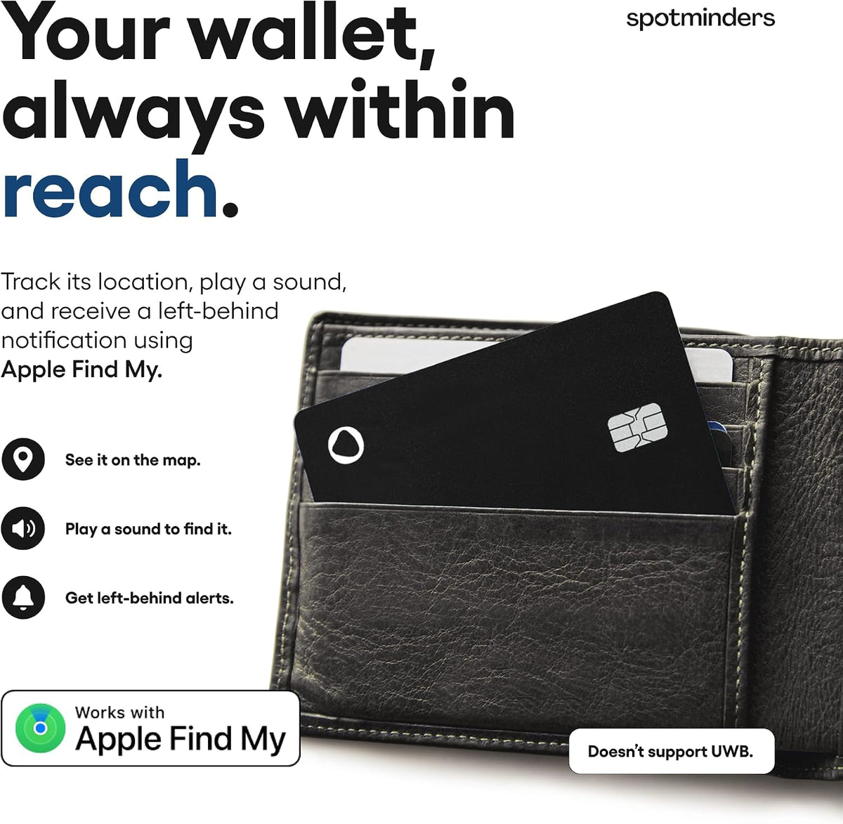 SPOTMINDERS Apple MFi - Cartera para tarjetas de crédito con certificación MFi Pro, paquete de 4 unidades (solo iOS) funciona con Apple Find My Tarjeta de seguimiento recargable para billetera IP68