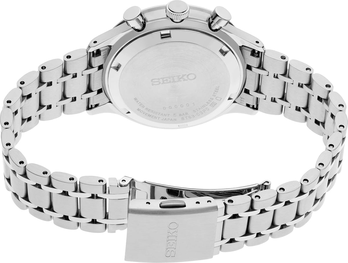 SEIKO SSB479 - Reloj de pulsera con cronógrafo de cuarzo analógico de acero inoxidable para hombre, batería de 3 años, calendario de fecha, 328.1 ft resistente al agua, color negro profundo