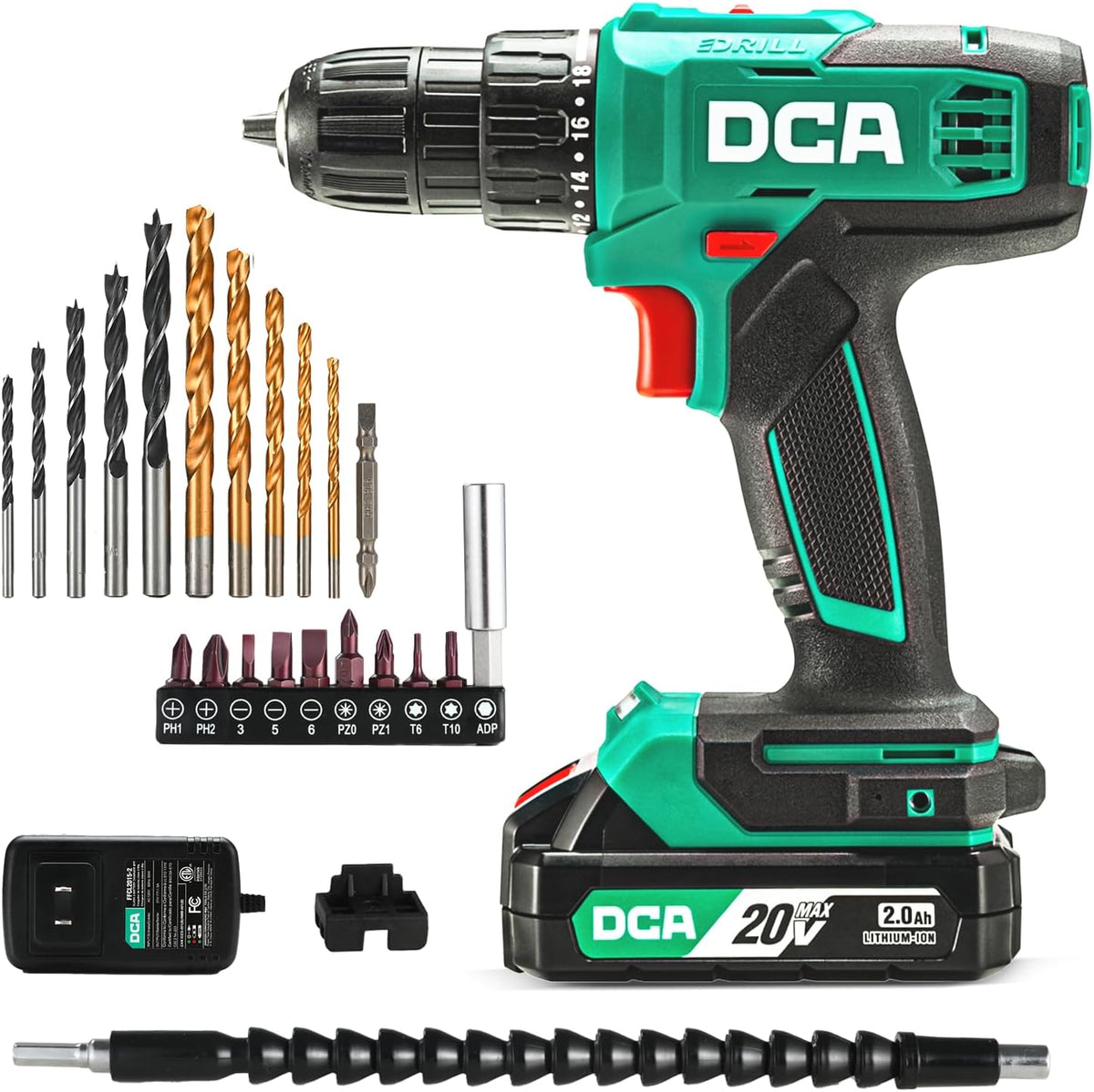DCA Cordless Drill Set, 354 en-lbs Torque, 3/8" Keyless Chuck, Electric Power Drill con 2.0Ah Battery y Charger,18+1 Position,25-Piece 20V Drill Driver Kit, ADJZ2035